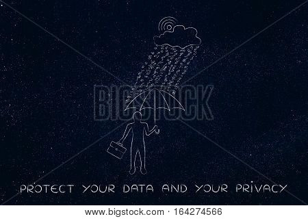 Man With Umbrella Under Binary Code Rain, Data Breach Protection