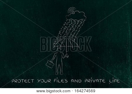 Man With Umbrella Under Binary Code Rain, Data Breach Protection