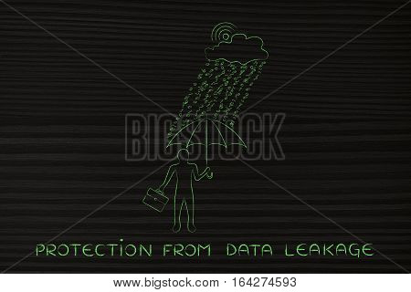 Man With Umbrella Under Binary Code Rain, Data Breach Protection