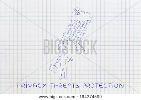Man With Umbrella Under Binary Code Rain, Data Breach Protection