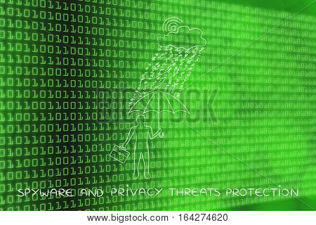 Man With Umbrella Under Binary Code Rain, Data Breach Protection