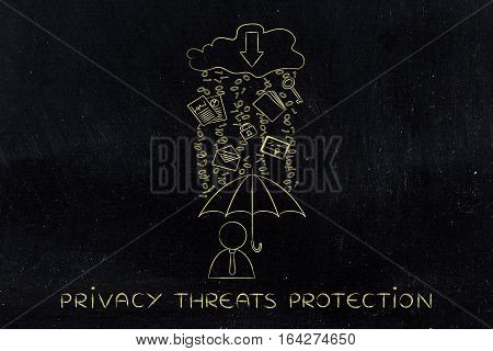 Man With Umbrella Under Binary Code Rain, Data Breach Protection