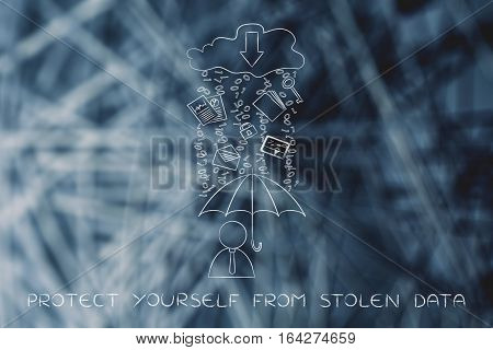 Man With Umbrella Under Binary Code Rain, Data Breach Protection