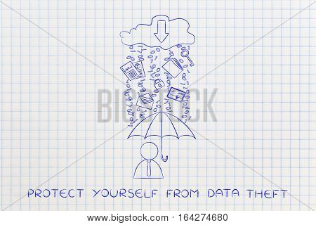 Man With Umbrella Under Binary Code Rain, Data Breach Protection