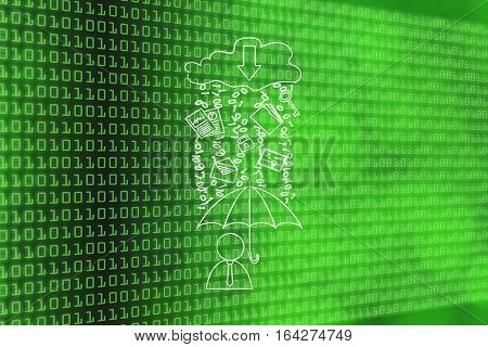 Man With Umbrella Under Binary Code Rain, Data Breach Protection
