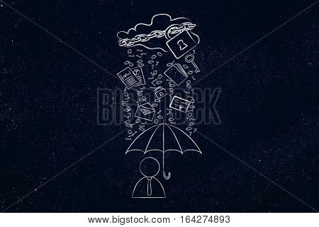 User With Umbrella Under Binary Code Rain, Data Breach Protection