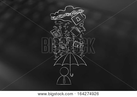 User With Umbrella Under Binary Code Rain, Data Breach Protection