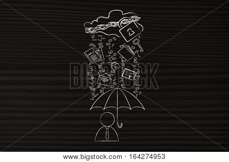 User With Umbrella Under Binary Code Rain, Data Breach Protection