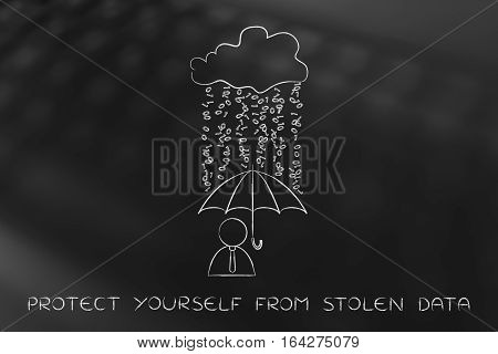 User With Umbrella Under Binary Code Rain, Data Breach Protection