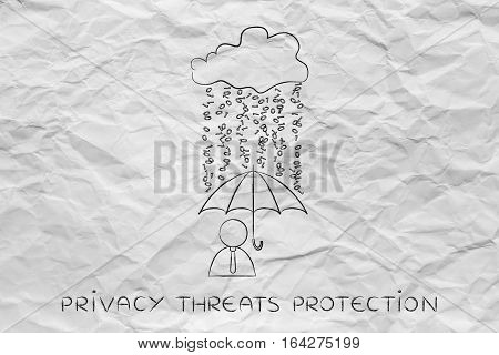 User With Umbrella Under Binary Code Rain, Data Breach Protection