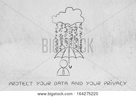 User With Umbrella Under Binary Code Rain, Data Breach Protection