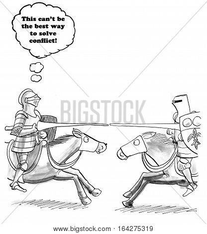 Business cartoon showing two businessmen jousting as one thinks there should be a better way to solve conflict.