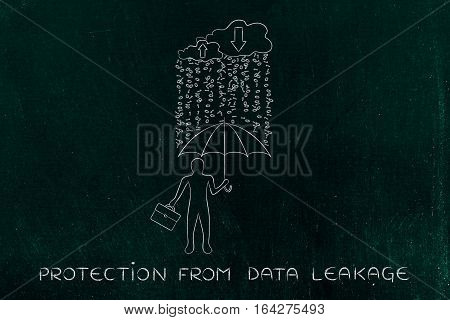 Man With Umbrella Under Binary Code Rain, Data Breach Protection