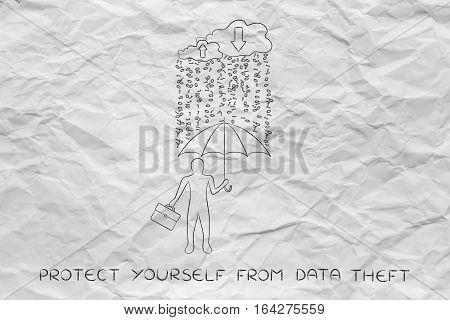 Man With Umbrella Under Binary Code Rain, Data Breach Protection