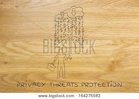 Man With Umbrella Under Binary Code Rain, Data Breach Protection