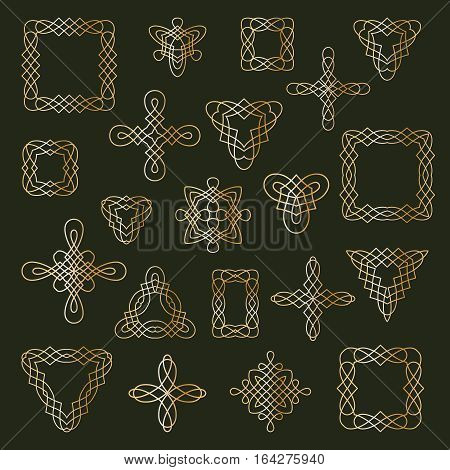 Celtic ornamental design elements. Set of different ethnic signs and frames. Golden geometric patterns isolated on dark green background. Vector illustration.