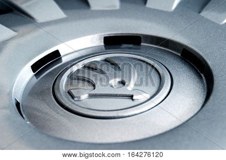 PARIS FRANCE - DEC 18 2016: Detail of modern hubcap hub covers for the winter tyres made by Skoda Auto for Skoda Superb Skoda OCtavia and Skoda Roomster - online internet shopping