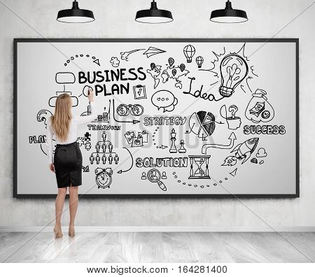 Blond woman in a suit drawing a business plan sketch on a whiteboard. Concept of strategic thinking. 3d rendering.