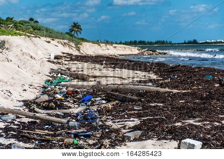 Mexico Coastline ocean Pollution Problem with plastic litter