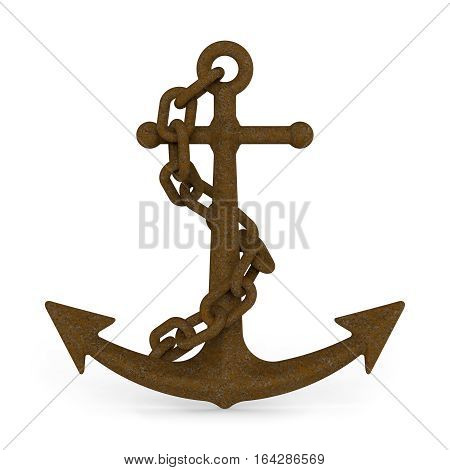 Rusty Anchor with chain isolated on white background 3D illustration
