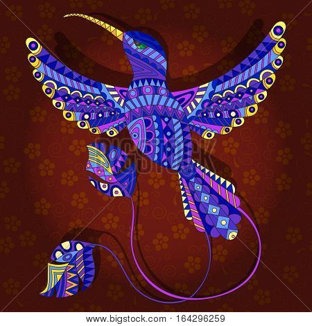 Abstract image of a Hummingbird on a dark red floral background