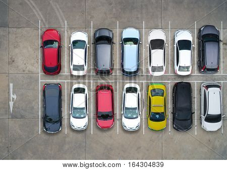 Empty parking lots in supermarket, aerial view.