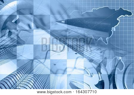 Financial background in blues with map buildings graph and pen.