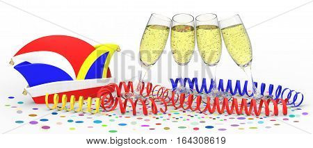 Confetti and party streamer with hat and glasses of sparkling wine on white background 3D rendering