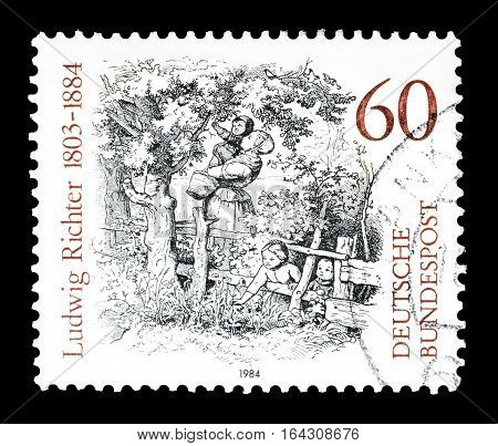 GERMANY - CIRCA 1984 : Cancelled postage stamp printed by Germany, that shows Painting by Ludwig Richter.