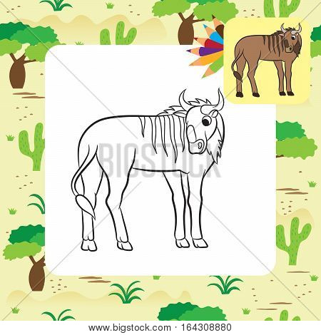 Illustration of a wildebeest. Coloring page. Vector