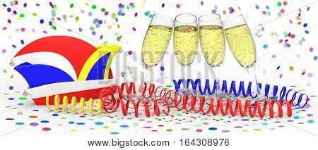 Confetti and party streamer with hat and glasses of sparkling wine on white background 3D rendering