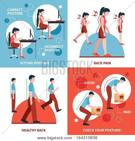Correct and incorrect postures for healthy back and spine 2x2 design concept set flat isolated vector illustration
