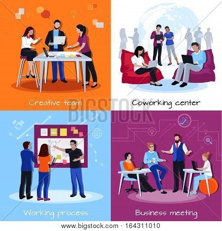 Coworking people 2x2 design concept with team of creative employees meeting discussing working together flat vector illustration