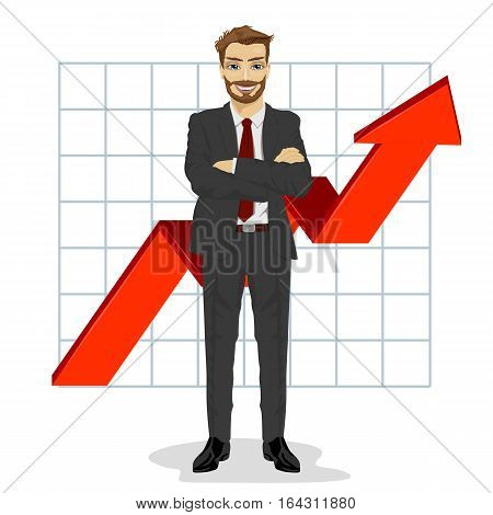 full length illustration of successful business man with arms folded. Financial success bar graph growing up