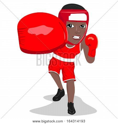 young angry african american boxer wearing boxing headguard punching to front over white background