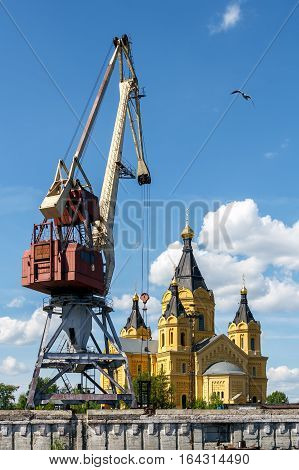 Alexander Nevsky Cathedral in the district of cargo river port of Nizhny Novgorod on the Strelka