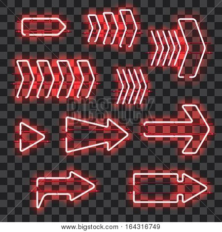 Set of glowing red neon arrows isolated on transparent background. Shining and glowing neon effect. Every arrow is separate unit with wires, tubes, brackets and holders. Vector illustration.