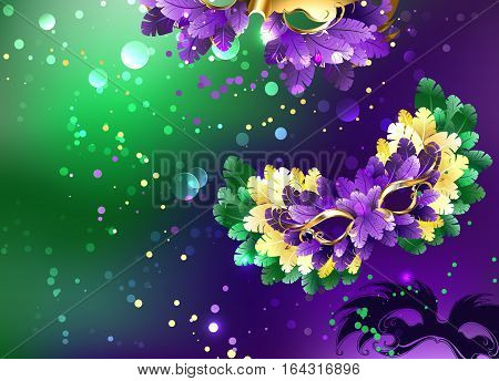Bright purple and green background with a candy cane decorated with fluffy masks. Festival Mardi Gras.