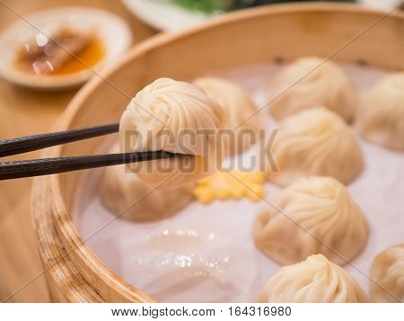 Closeup of Xiao Long Bao with chopsticks Streamed Pork Dumplings Taiwan food (Selective Focus)