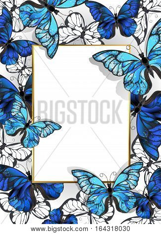 Rectangular banner with gold frame and blue realistic butterflies morpho on a light background. Design with blue butterflies morpho.