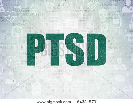 Medicine concept: Painted green text PTSD on Digital Data Paper background with   Hand Drawn Medicine Icons