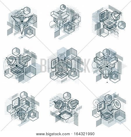 Abstract backgrounds with isometric lines vector illustrations. Templates made with cubes hexagons squares rectangles and different abstract elements. Vector set.