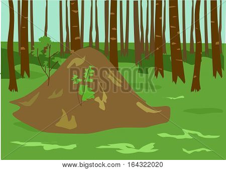 The forest and anthill on a green meadow.