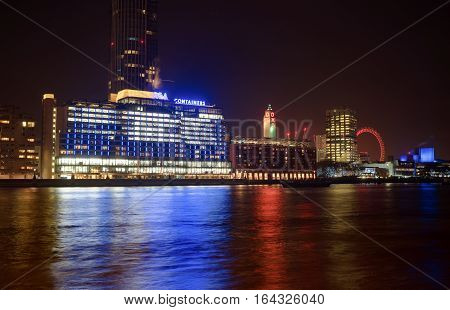 London, UK. 5th January 2017. A capture of London's south bank including OXO Wharf and Tower with skyscrapers rising around it. Captured at night on a long exposure.
