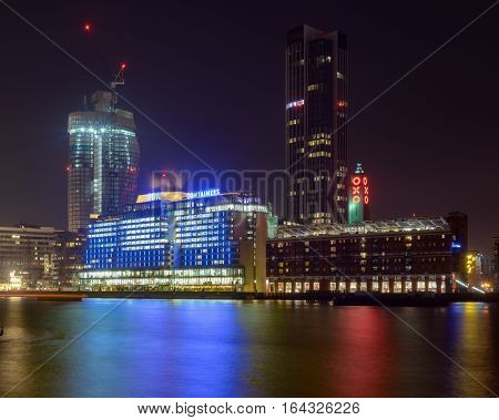 London, UK. 5th January 2017. A capture of London's south bank including OXO Wharf and Tower with skyscrapers rising around it. Captured at night on a long exposure.