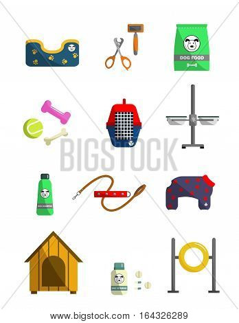 Dog care icons.  Different dog supplies. Elements for pet store