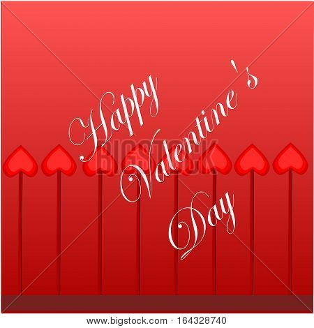 Happy Valentine's Day lettering Greeting Card on red background with hearts illustration