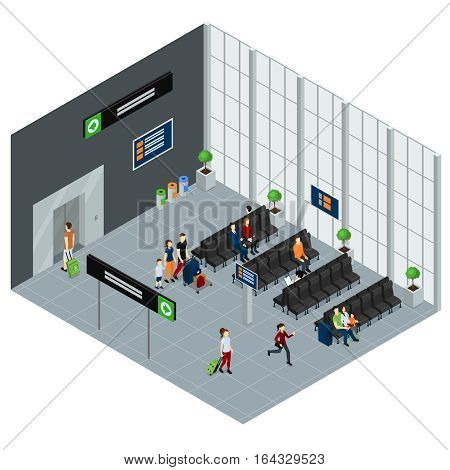 People in waiting hall of airport with information boards isometric design in grey tones vector illustration