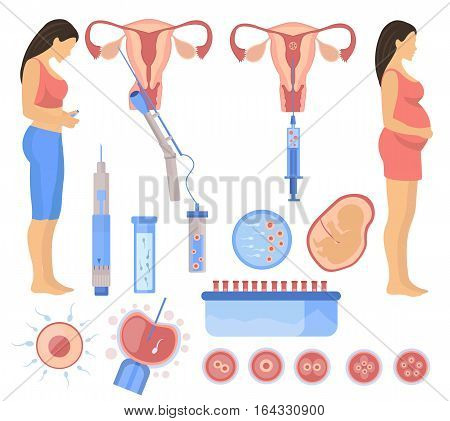 In vitro fertilization flat elements with preparation and process of artificial insemination isolated vector illustration