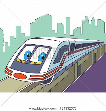 Cartoon vehicle transport. High speed electric train isolated on white background. Childish vector illustration and colorful book page for kids.